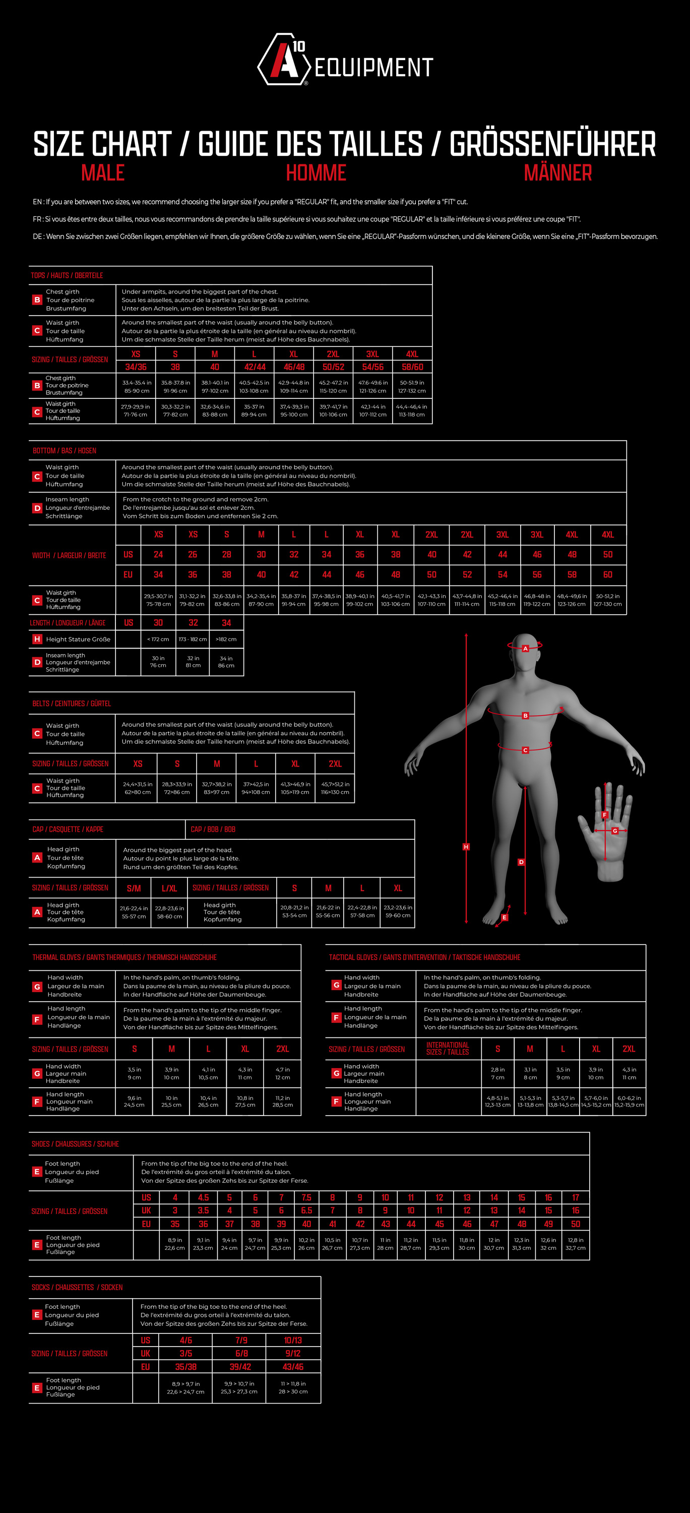 A10 Equipment Größentabelle Size Chart